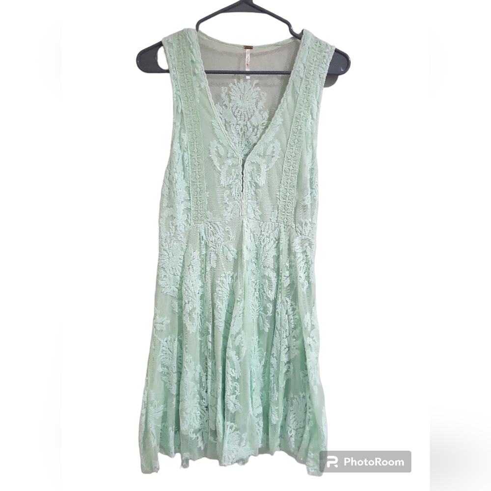 Free People Lace Overlay Mini Slip Dress Size 6 V Neck Green Empire Waist